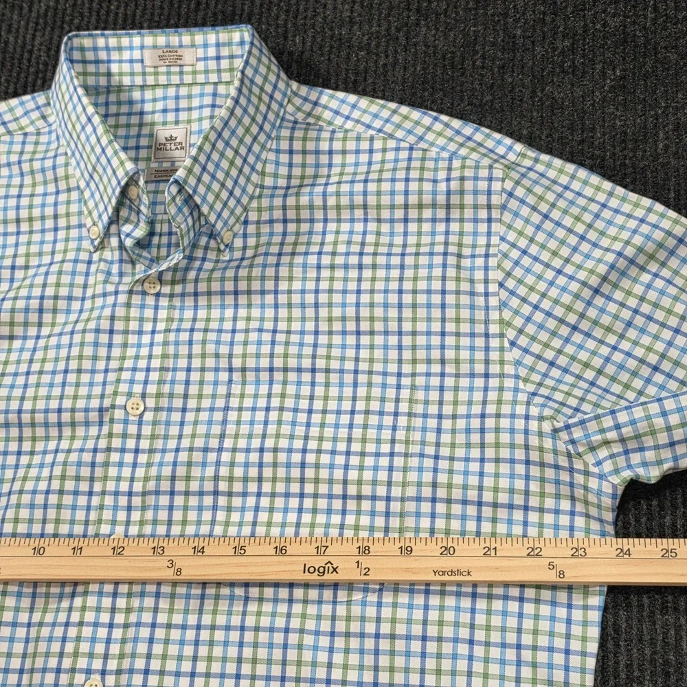 Peter Millar Dress Shirt Mens Large Blue Green Excellent Nanoluxe Easy Care
